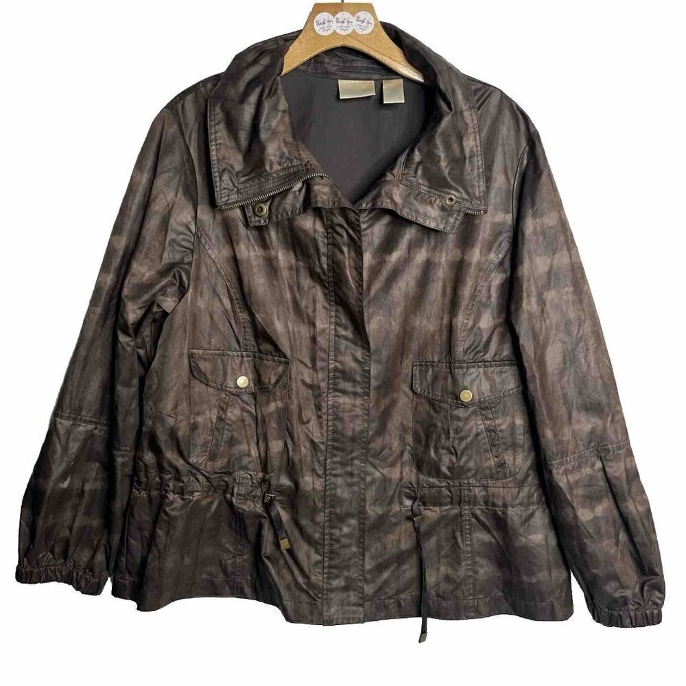 Zenergy by Chicos 3 Mottled Bronze Brown Zip Snap Pockets Cinch Waist Jacket-XL